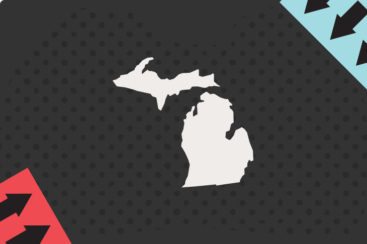 Illustration featuring the state of Michigan and colorful arrow stickers.