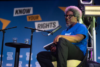 W. Kamau Bell onstage interview during the Know Your Rights bus tour.