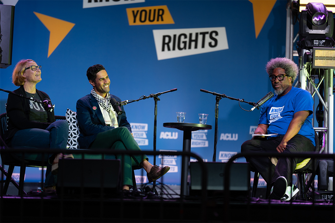 Loren Khogali, the executive director at the ACLU of Michigan, and Razi Jafri, a Detroit-based documentary filmmaker and producer joined Kamau in conversation on stage for the Know Your Rights bus tour.