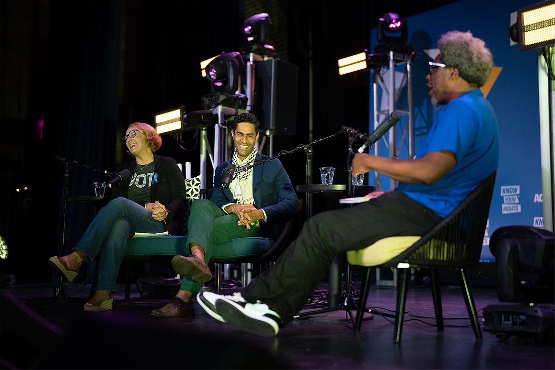 Loren Khogali, the executive director at the ACLU of Michigan, and Razi Jafri, a Detroit-based documentary filmmaker and producer joined Kamau in conversation on stage for the Know Your Rights bus tour.