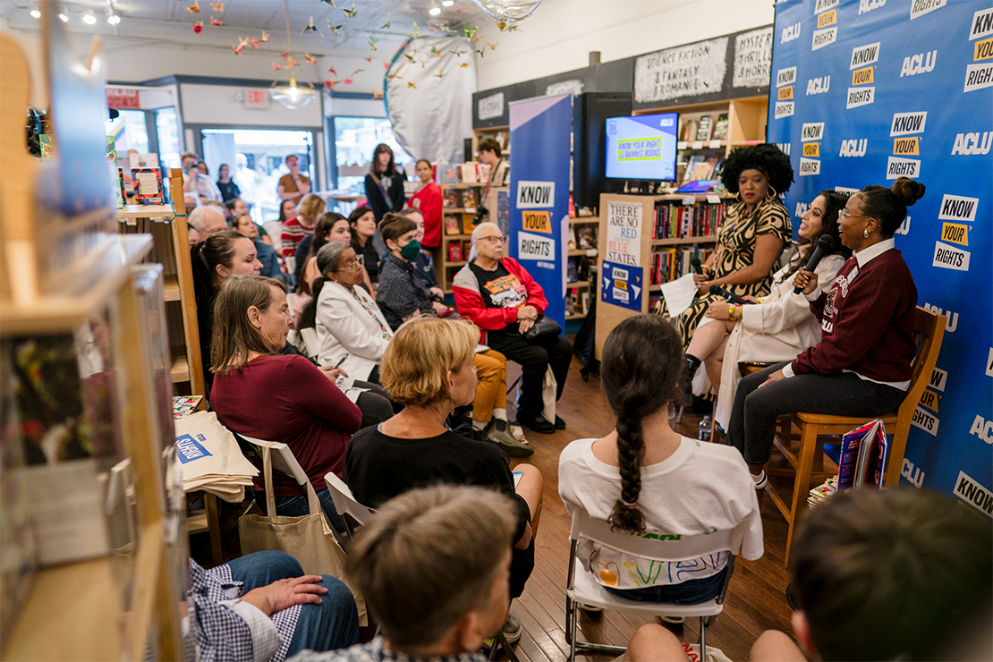 Storytelling in a bookstore hosting the KNOW YOUR RIGHTS bus tour.