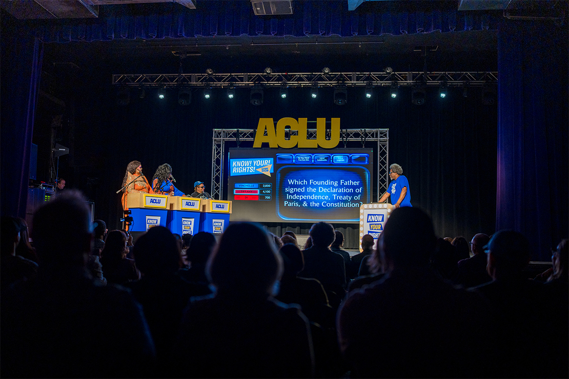 Award-winning producer, director, comedian, and ACLU Racial Justice Ambassador W. Kamau Bell quizzing the contestants.