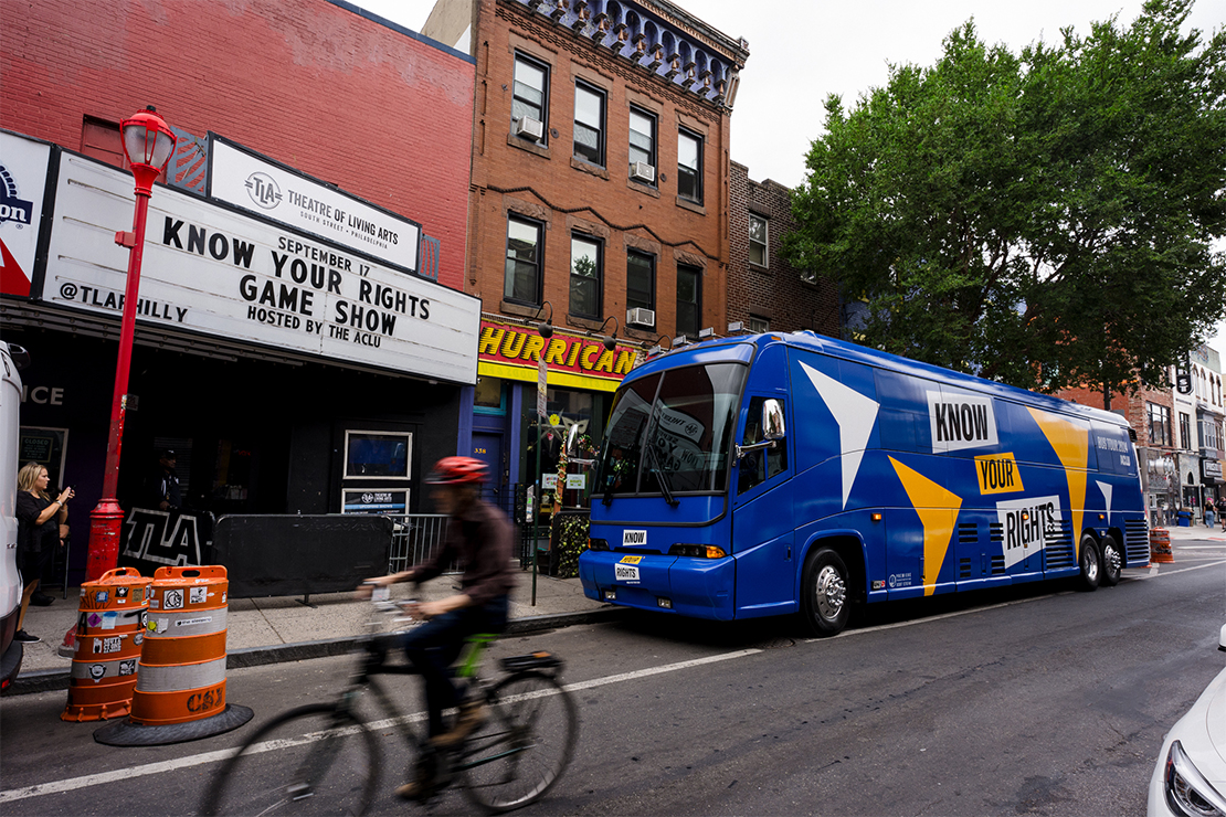 The KNOW YOUR RIGHTS bus pulled up to the Theatre of the Living Arts (TLA) on South Street.