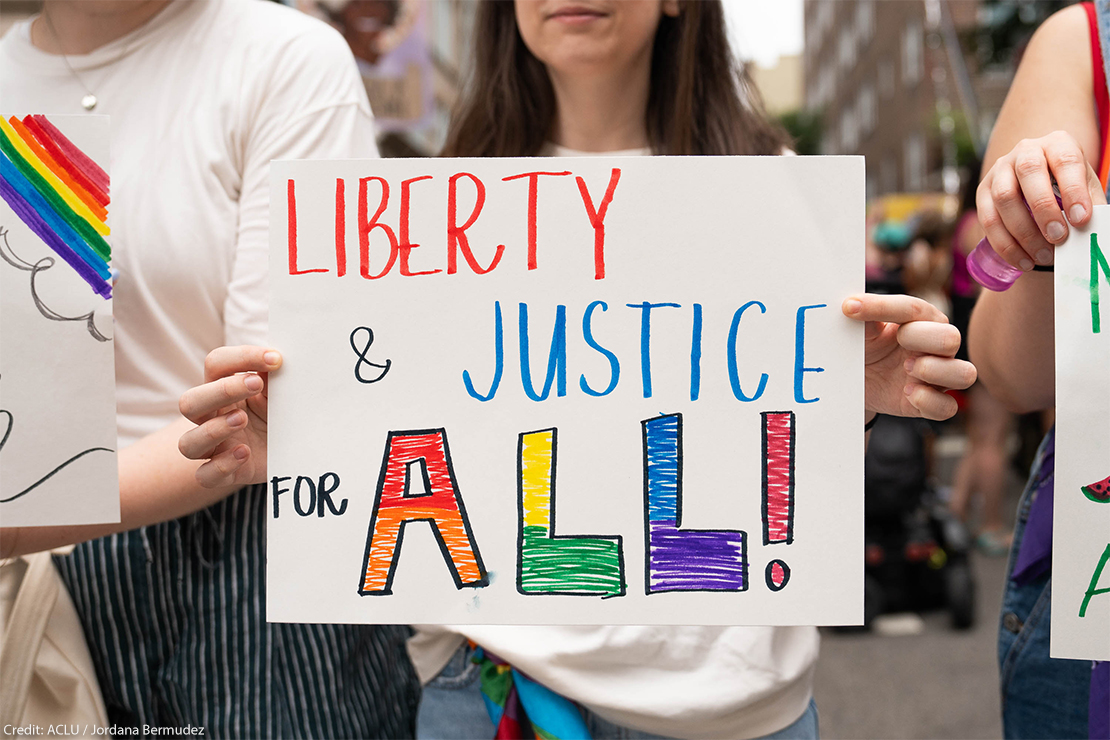 A demonstrator carrying a sign reading "LIBERTY & JUSTICE FOR ALL!"