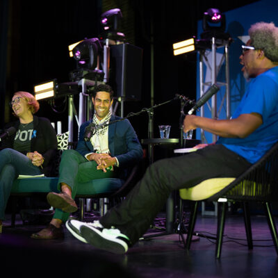 Loren Khogali, the executive director at the ϰſ of Michigan, and Razi Jafri, a Detroit-based documentary filmmaker and producer joined Kamau in conversation on stage for the Know Your Rights bus tour.