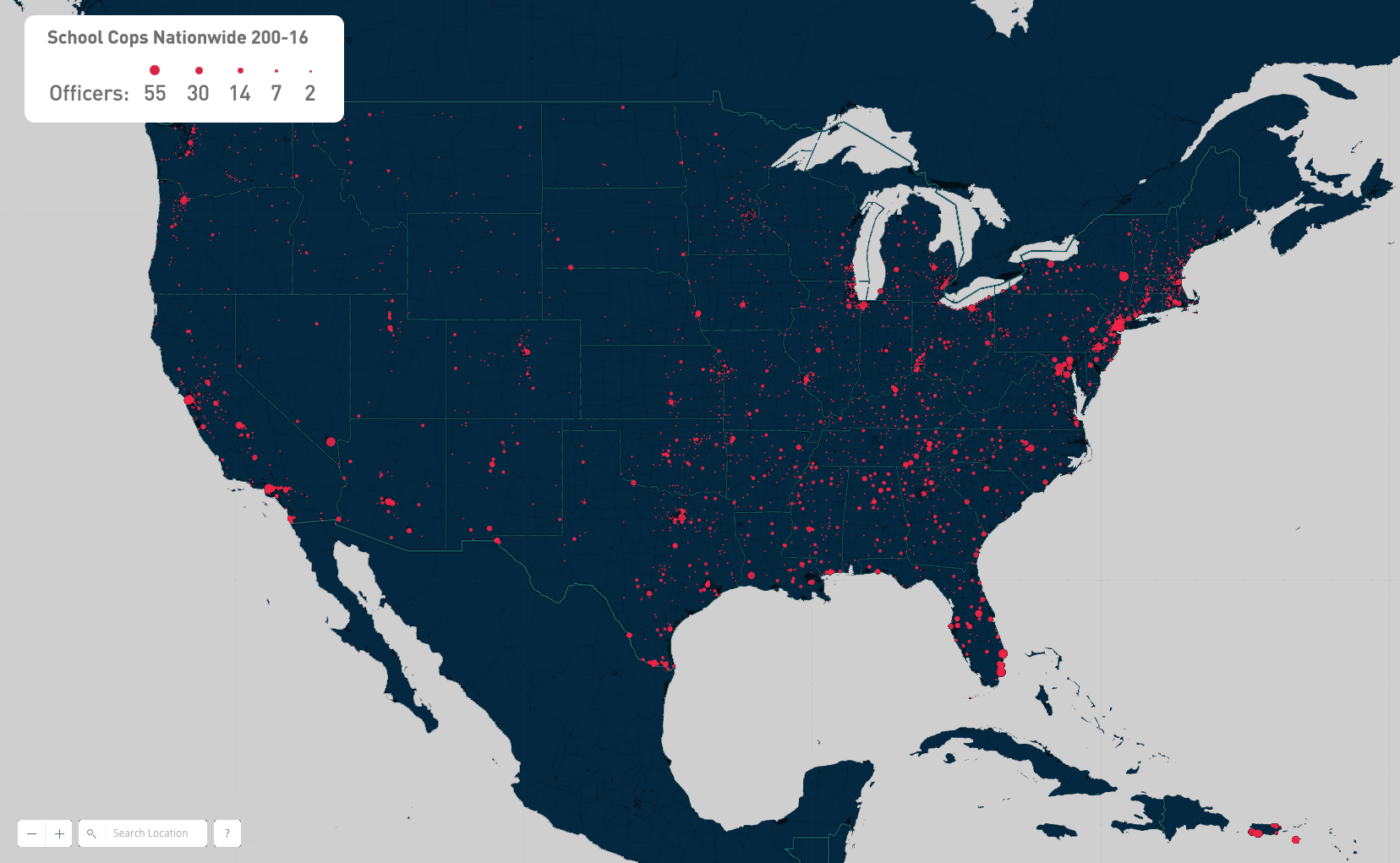 Federal COPS Grants Funding School Police Officers, 1995 - 2016 (Map)