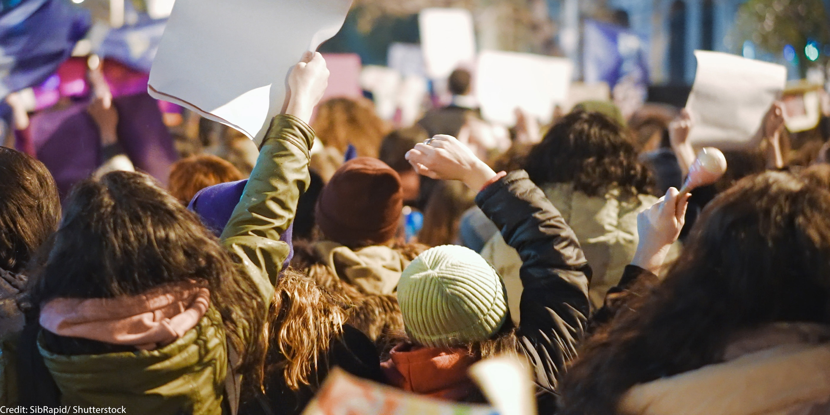 A backward view of protesters.