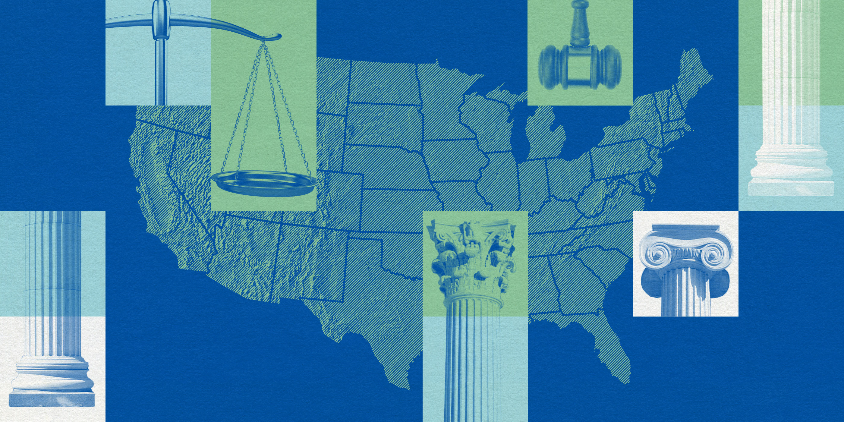 A graphic that includes a map of the United States and justice-related imagery.