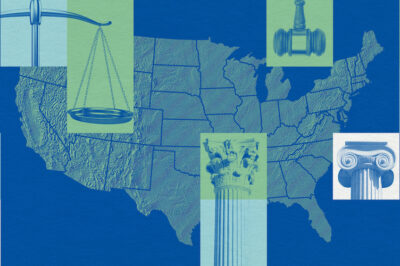 A graphic that includes a map of the United States and justice-related imagery.