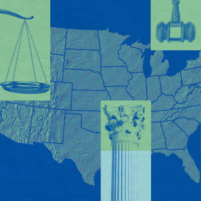 A graphic that includes a map of the United States and justice-related imagery.