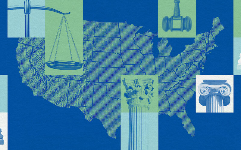 A graphic that includes a map of the United States and justice-related imagery.