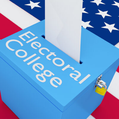 3D illustration of "Electoral College" script on a ballot box, with US flag as a background.