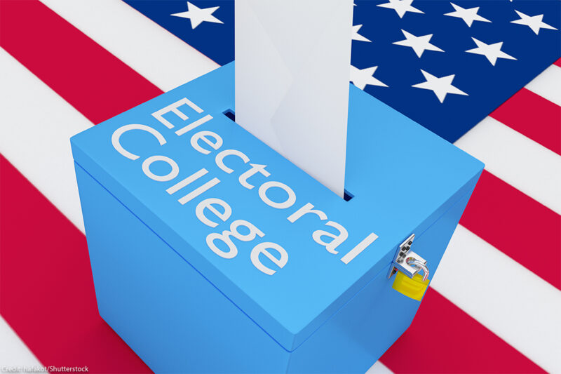 3D illustration of "Electoral College" script on a ballot box, with US flag as a background.