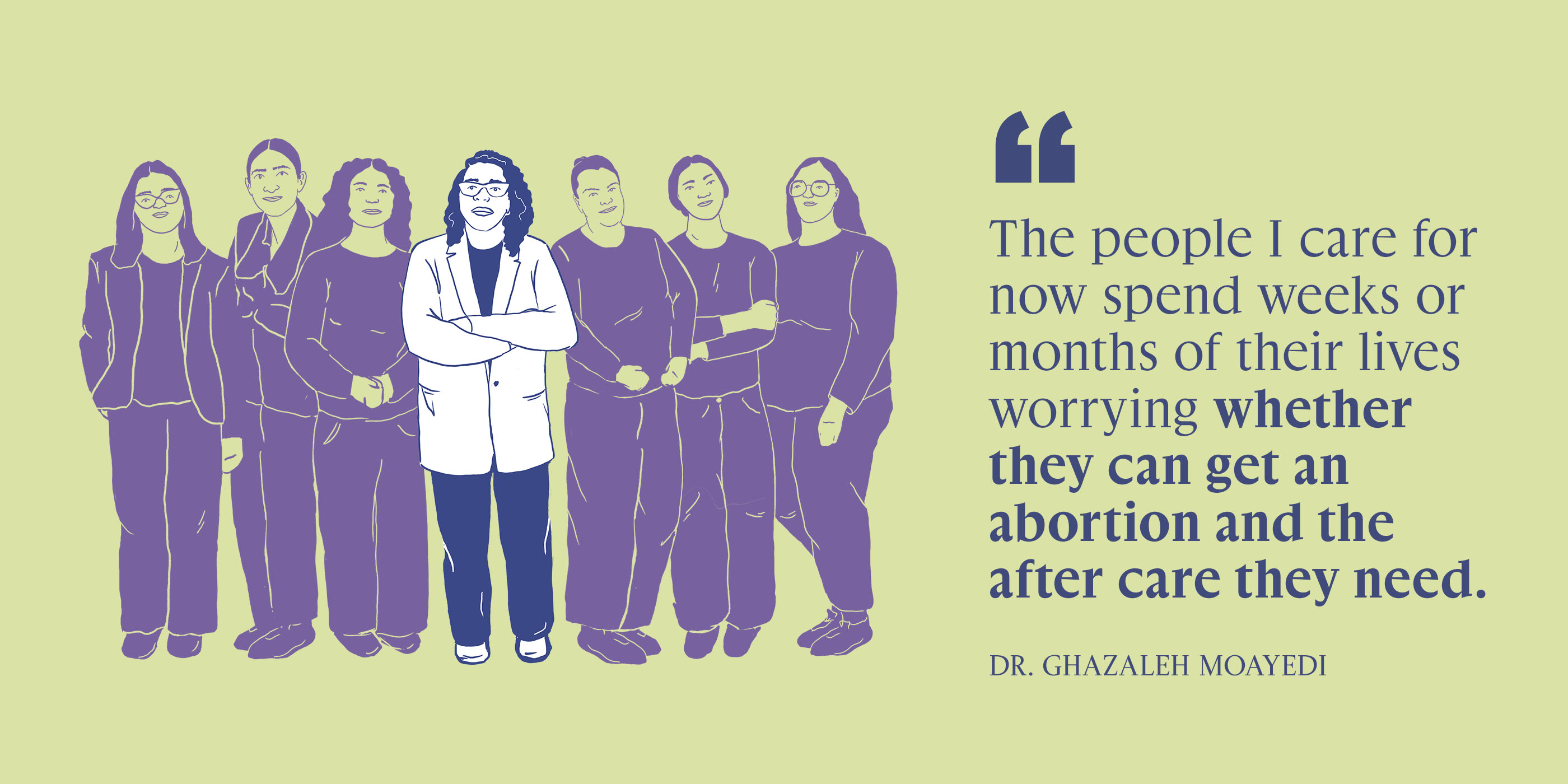 A graphic depicting different images pertaining to reproductive rights and abortion bans with the phrase “The people I care for now spend weeks or months of their lives worrying whether they can get an abortion and the after care they need.”