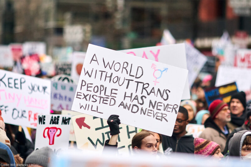 A pesron holding up a sign reading "A World Without Trans People Has Never Existed And Never Will" at a demonstration.