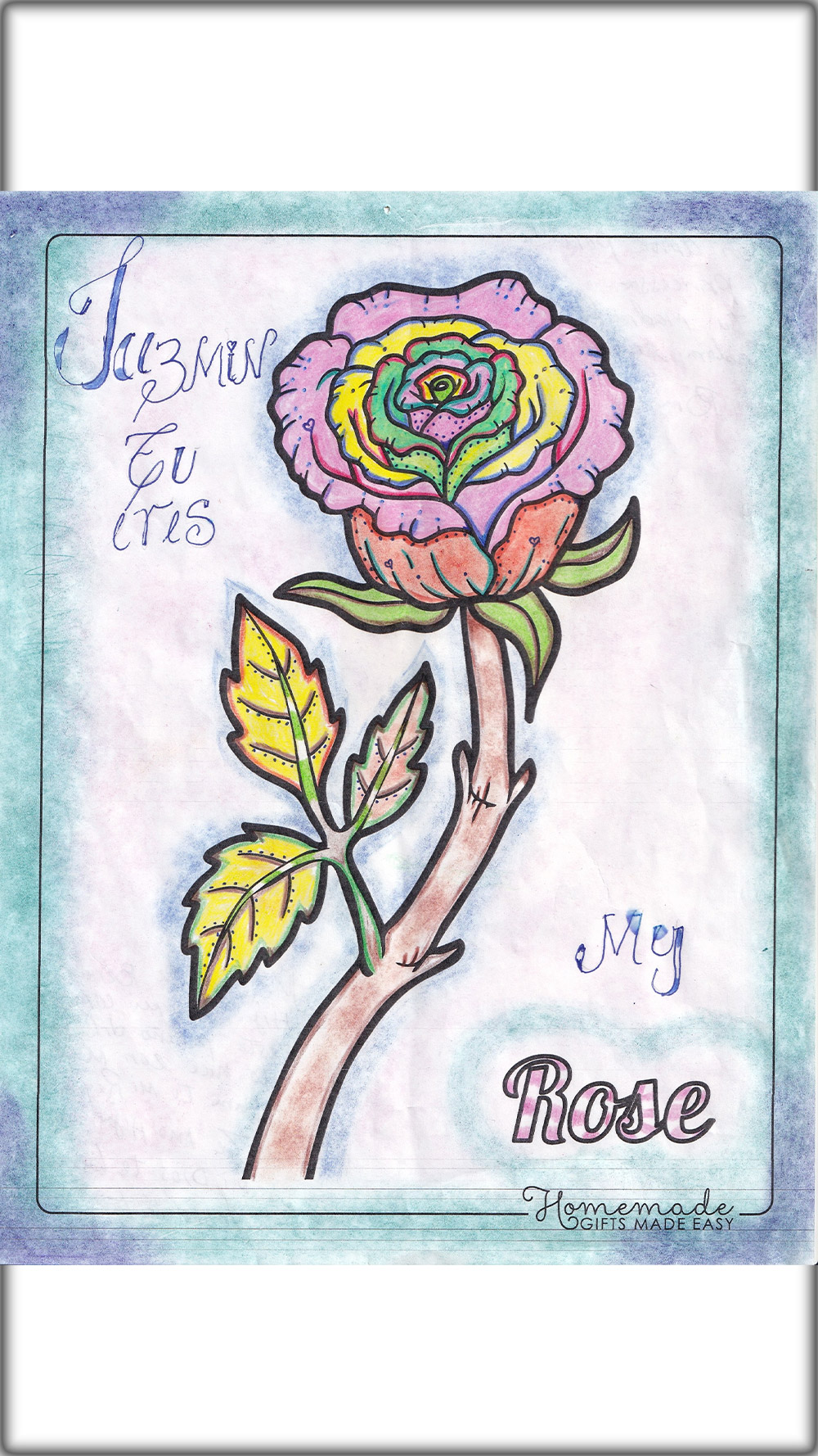 Jessica's favorite drawing--a rose (drawn with colored pencils) that she’d sent to her eldest daughter to celebrate her high school graduation.