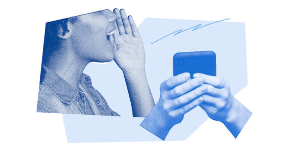 A graphic that includes an individual calling out and two hands texting.