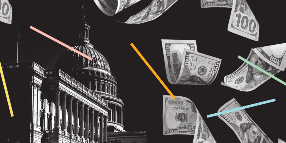 A graphic depicting the capitol building and falling money.