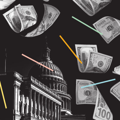 Paper money falling over the House of Congress.