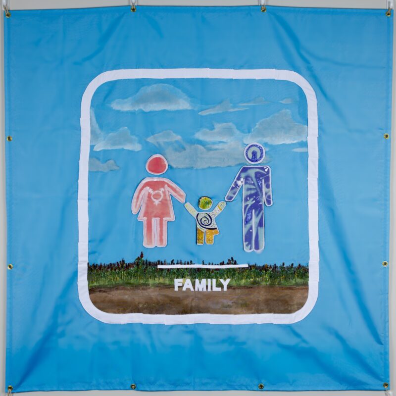 Background of milo and clouds on a blue sky. Resembles a bathroom sign with three "people" and the word "Family" underneath