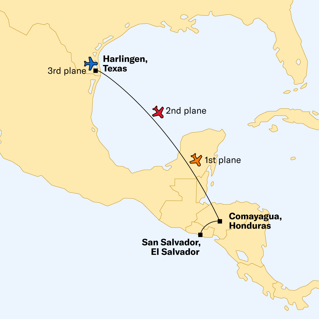 Graphic showing the location of each deportation flight when Judge Boasberg ordered them to stop and return to the United States. The first and second flights are in the air on their way to El Salvador. The third flight is still on the ground in Texas.