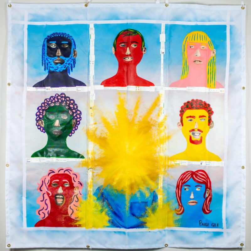 Outlines of people with collaged facial features. A glowing person in the center with dividing lines made of gender selection screens.