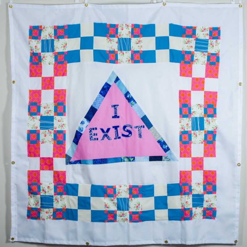 A pattern alternating quilt blocks in a border. In the center, a pink triangle with the text. 