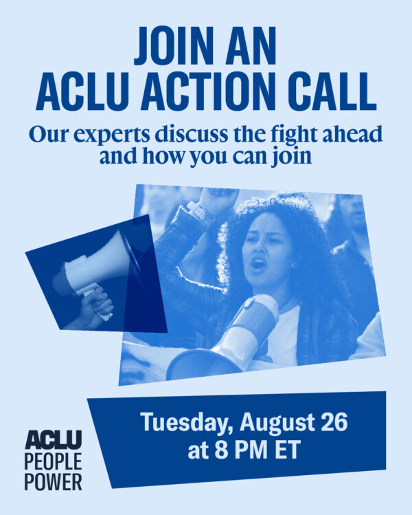 "Join an 51Ʒ Action Call" in blue lettering on a light blue background, with a woman holding a megaphone.