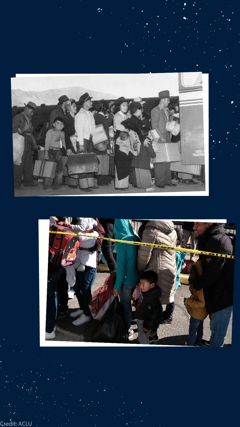 A collage of two photographs on a navy blue backgroundone black and white and one in colordepict American citizens of Japanese descent, including children, standing in line as they await relocation to internment camps during World War II.