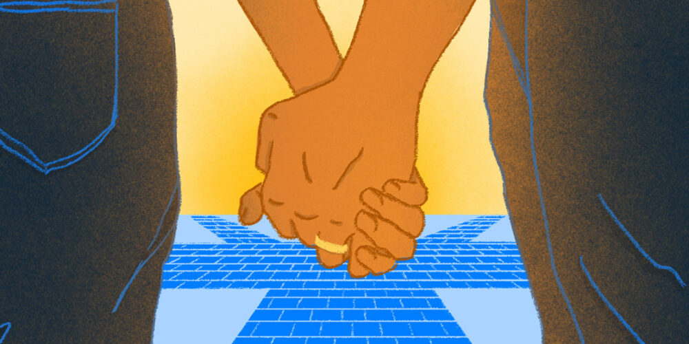 An animation of a married couple holding hands.