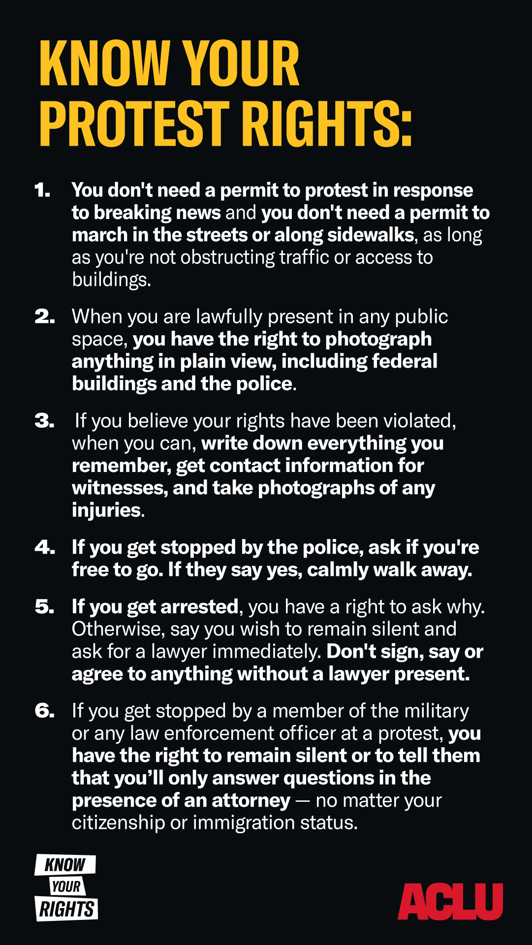 A graphic with a black background and bold yellow and white text at the top reading "KNOW YOUR PROTEST RIGHTS:" followed by a numbered list of six key protest rights: You don't need a permit to protest in response to breaking news or to march on sidewalks or streets as long as traffic and building access are not obstructed. You have the right to photograph anything in plain view while lawfully in public, including federal buildings and police. If your rights are violated, document everything by writing details, collecting witness contact information, and taking photos of injuries. If stopped by police, ask if you are free to go. If yes, calmly walk away. If arrested, invoke your right to remain silent and request a lawyer. Do not sign, speak, or agree to anything without legal representation. If stopped by military or law enforcement at a protest, you have the right to remain silent and only answer questions in the presence of an attorney, regardless of immigration or citizenship status. At the bottom left, a small logo reads "KNOW YOUR RIGHTS." The Ƶ logo appears in red at the bottom right.