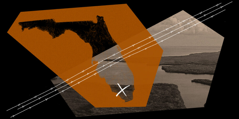 A graphic depicting the state of Florida and a barbed wire fence.