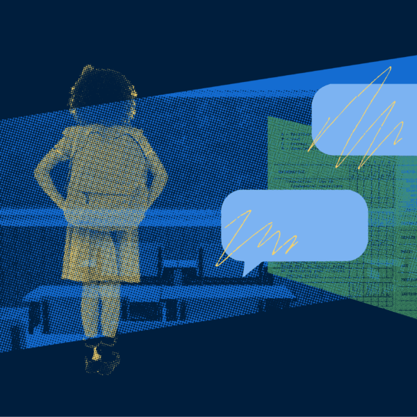 A collage depicting a student, a classroom and a report card. The collage is overlaid with speech bubbles.