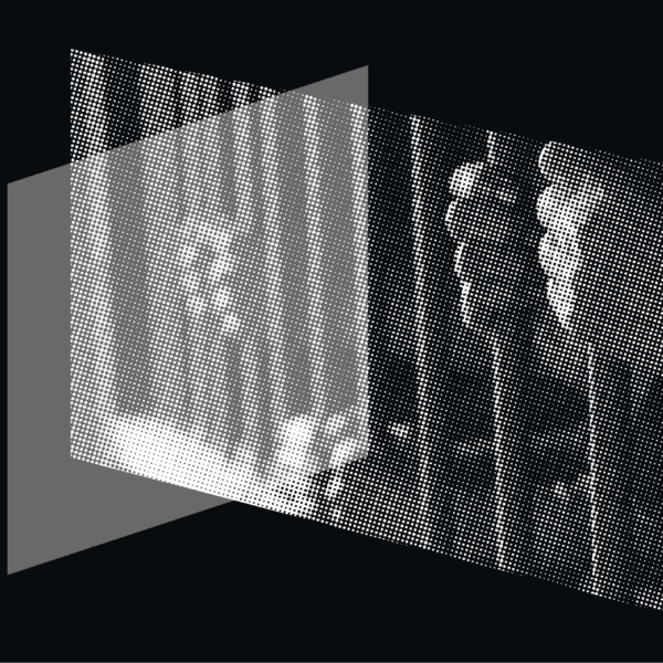 A black and white collage featuring hands holding onto bars of a prison cell.