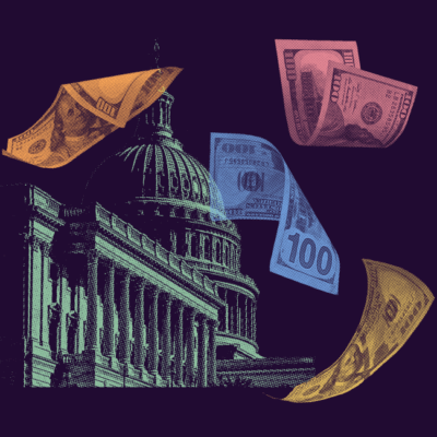 A collage featuring the United States Capitol building surrounded by colorful $100 bills.