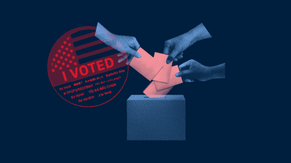 A red and blue collage featuring an 鈥淚 Voted鈥 sticker and hands placing unlabeled paper into a voting ballot box.