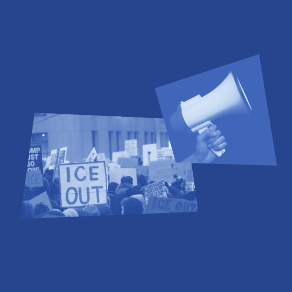 Blue collage with a megaphone and an ICE protest
