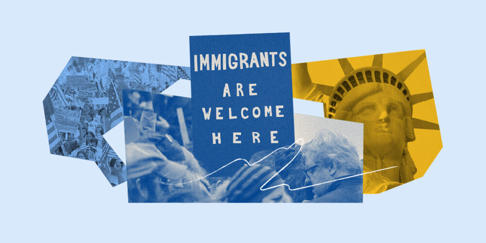 A collage containing different images pertaining to immigrants rights.