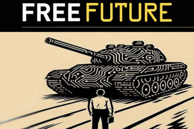 Free Future: A woodcut-style image of a man in front of a tank with circuit board design on it