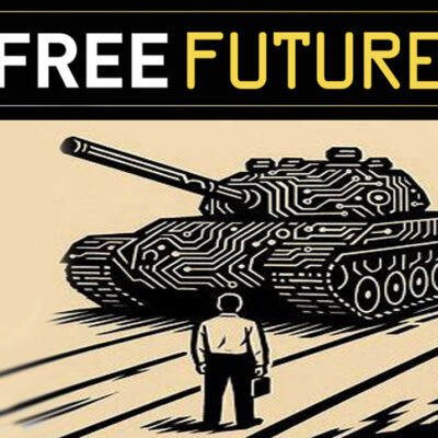 Free Future: A woodcut-style image of a man in front of a tank with circuit board design on it