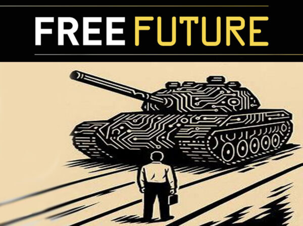 Free Future: A woodcut-style image of a man in front of a tank with circuit board design on it