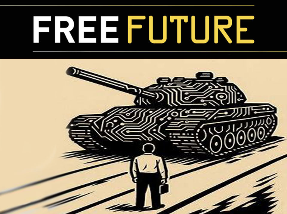 Free Future: A woodcut-style image of a man in front of a tank with circuit board design on it