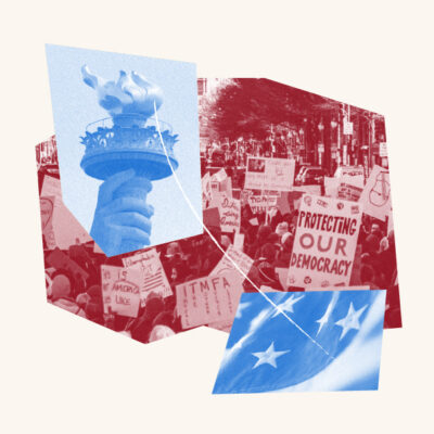 Red, white, and blue imagery depicting the Statue of Liberty, the American flag, and protests.