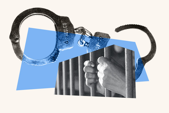 An illustrated collage of handcuffs and someone holding cell bars