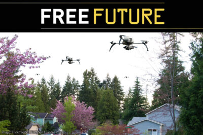 Drones flying in a suburban sky