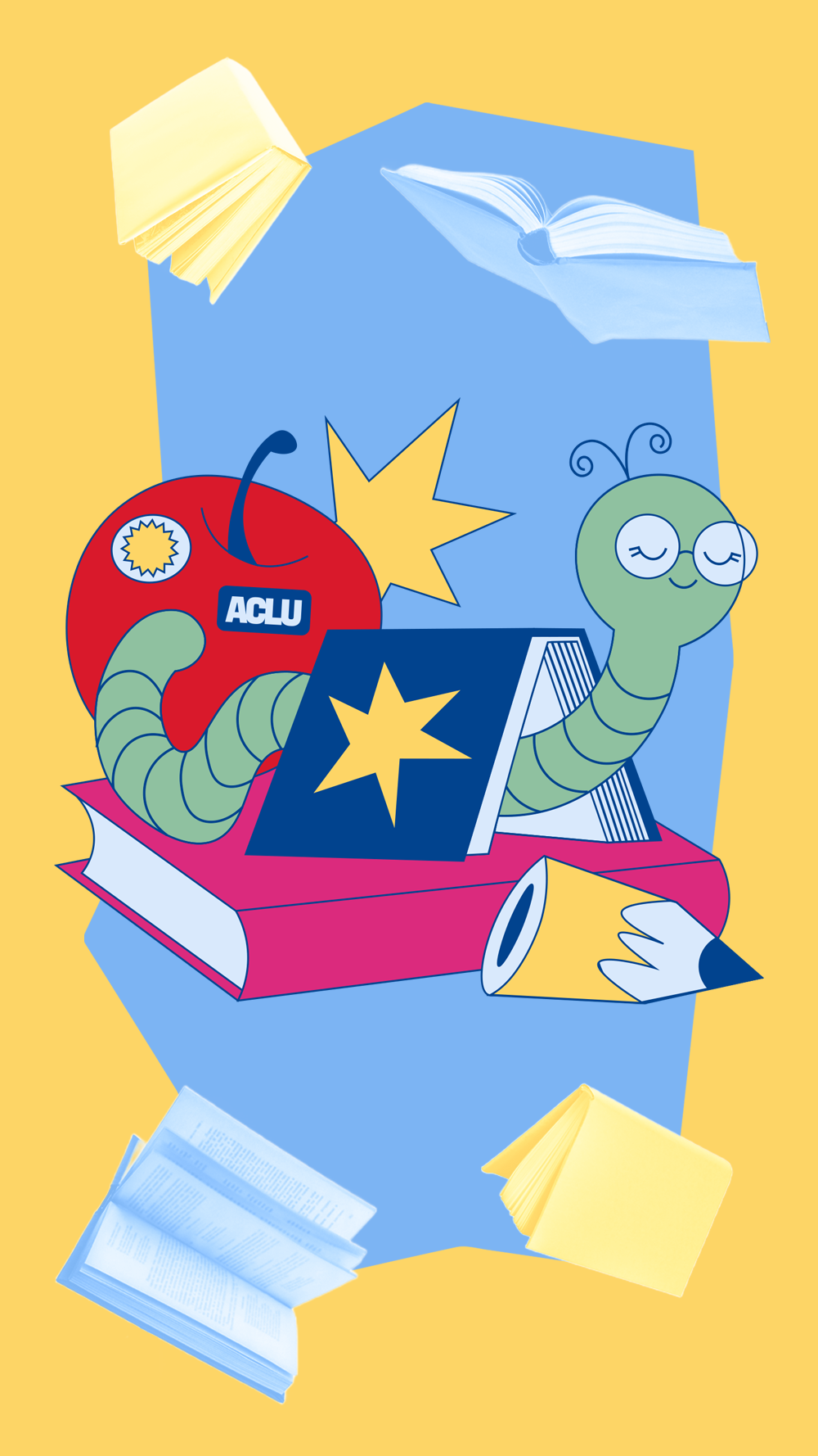 A graphic depicting books, pencils, an apple, and a bookworm.