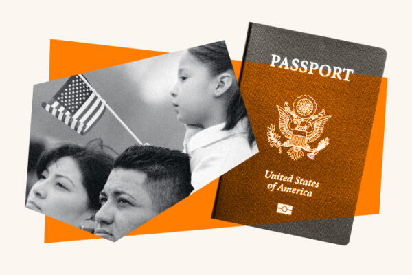 An illustrated collage of a US passport and a family with a child holding a US flag