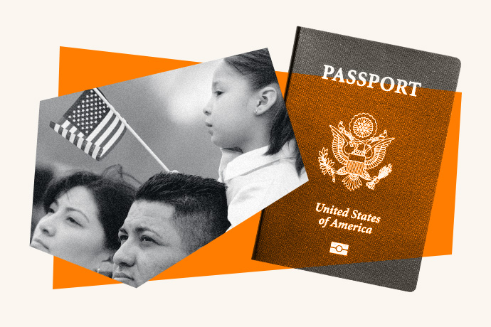 An illustrated collage of a US passport and a family with a child holding a US flag