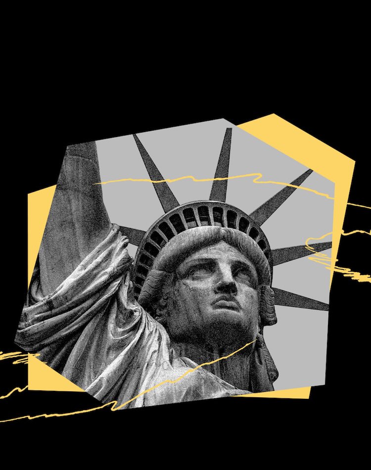 A grayscale image of the Statue of Liberty