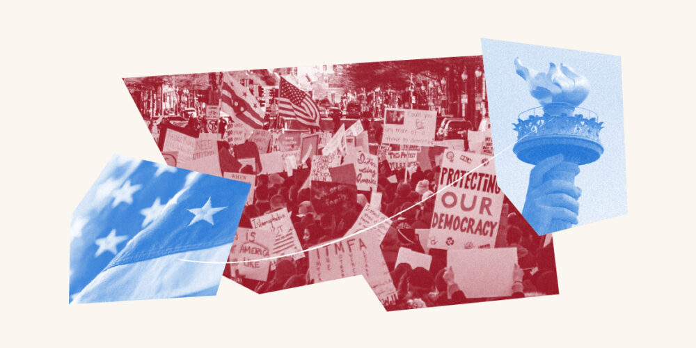 A graphic depicting liberty and a demonstration for civil liberties.